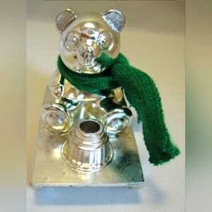 Silver Plated Panda On Sleigh Green Scarf Candle Stick Holder